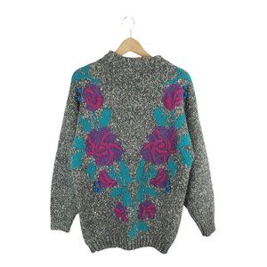 Vintage Floral Embellished Grey Heavy Wool Blend Sweater Large